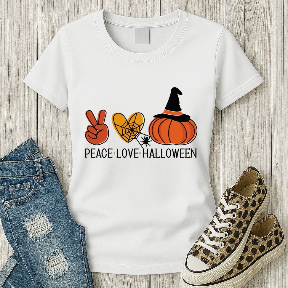 Peace Love Halloween Womens T-Shirt