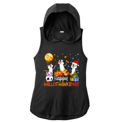 Penguin Lover Halloween Merry Christmas Happy Hallothanksmas Ladies PosiCharge Tri-Blend Wicking Draft Hoodie Tank