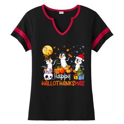 Penguin Lover Halloween Merry Christmas Happy Hallothanksmas Ladies Halftime Notch Neck Tee