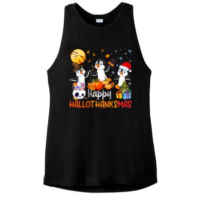 Penguin Lover Halloween Merry Christmas Happy Hallothanksmas Ladies PosiCharge Tri-Blend Wicking Tank