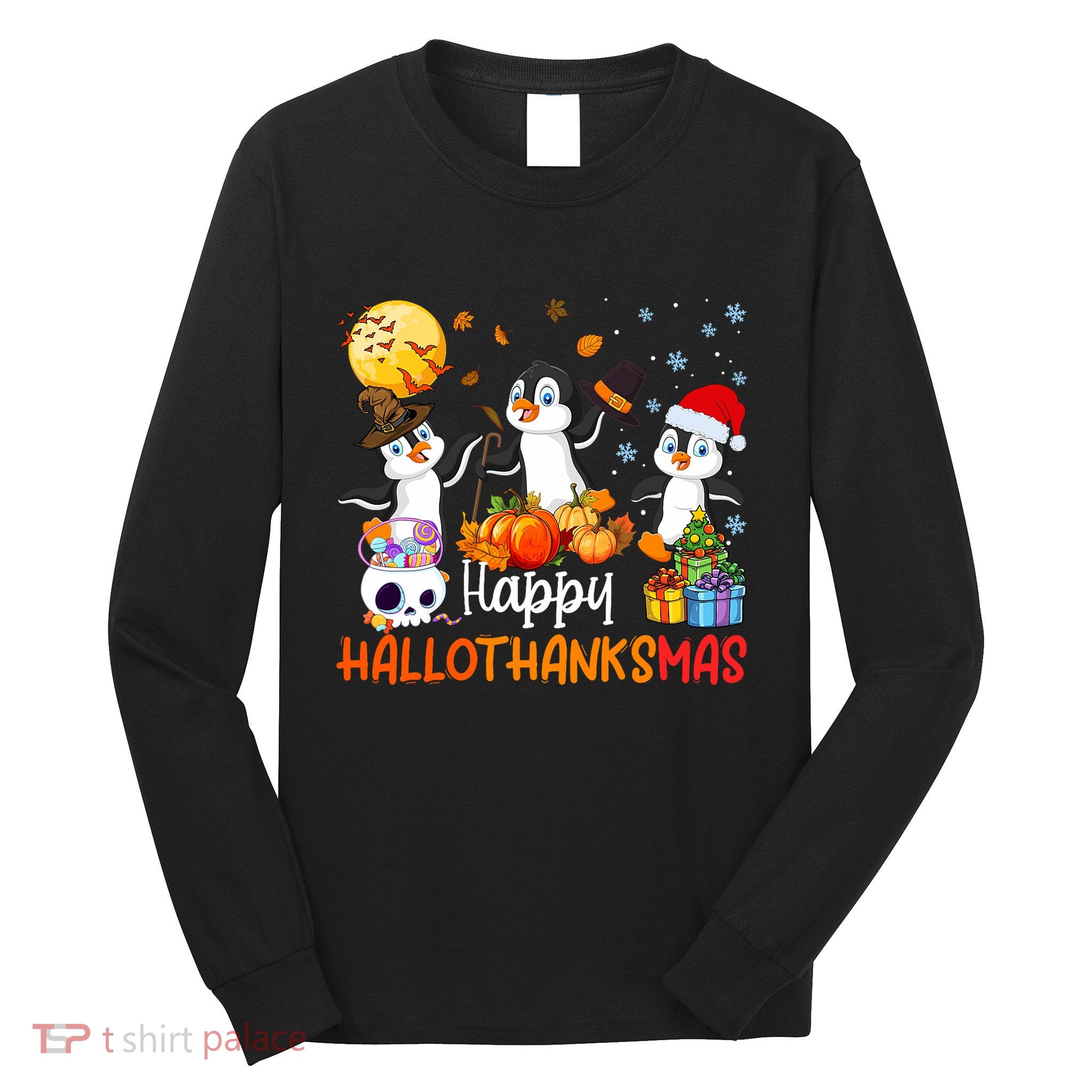 Penguin Lover Halloween Merry Christmas Happy Hallothanksmas Long Sleeve Shirt