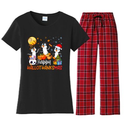 Penguin Lover Halloween Merry Christmas Happy Hallothanksmas Women's Flannel Pajama Set