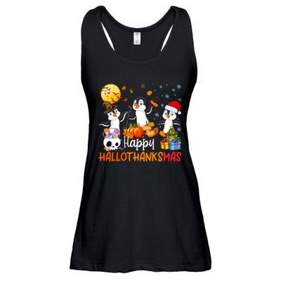 Penguin Lover Halloween Merry Christmas Happy Hallothanksmas Ladies Essential Flowy Tank