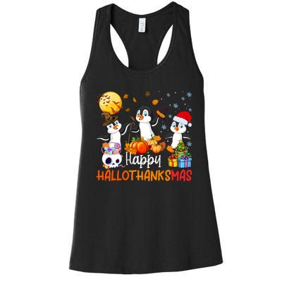 Penguin Lover Halloween Merry Christmas Happy Hallothanksmas Women's Racerback Tank