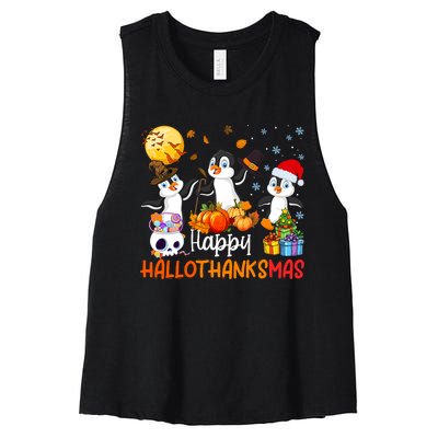 Penguin Lover Halloween Merry Christmas Happy Hallothanksmas Women's Racerback Cropped Tank