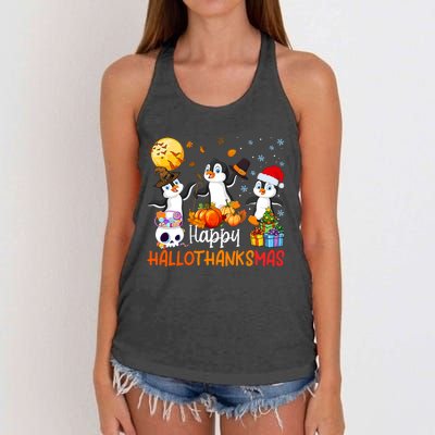 Penguin Lover Halloween Merry Christmas Happy Hallothanksmas Women's Knotted Racerback Tank