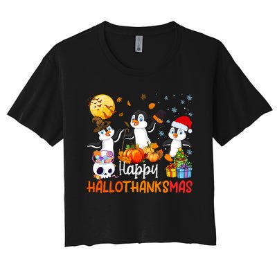 Penguin Lover Halloween Merry Christmas Happy Hallothanksmas Women's Crop Top Tee