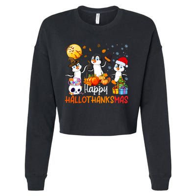 Penguin Lover Halloween Merry Christmas Happy Hallothanksmas Cropped Pullover Crew