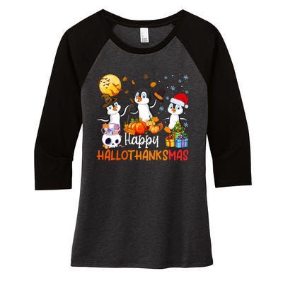 Penguin Lover Halloween Merry Christmas Happy Hallothanksmas Women's Tri-Blend 3/4-Sleeve Raglan Shirt