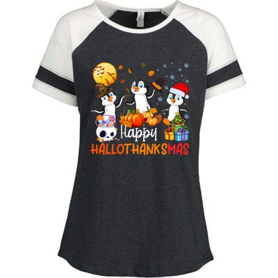 Penguin Lover Halloween Merry Christmas Happy Hallothanksmas Enza Ladies Jersey Colorblock Tee