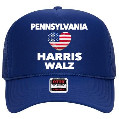 Pennsylvania Loves Harris Walz America Usa Election Pa Gift High Crown Mesh Back Trucker Hat