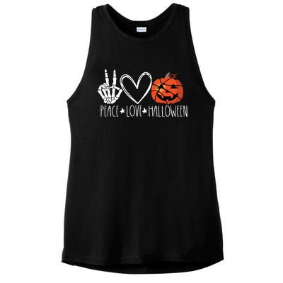 Peace Love Halloween Pumpkin Basketball For Girl Women Ladies PosiCharge Tri-Blend Wicking Tank