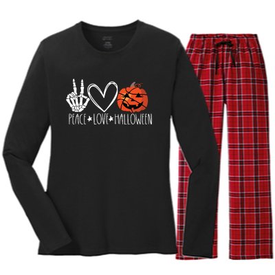 Peace Love Halloween Pumpkin Basketball For Girl Women Women's Long Sleeve Flannel Pajama Set 