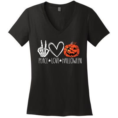 Peace Love Halloween Pumpkin Basketball For Girl Women Women's V-Neck T-Shirt