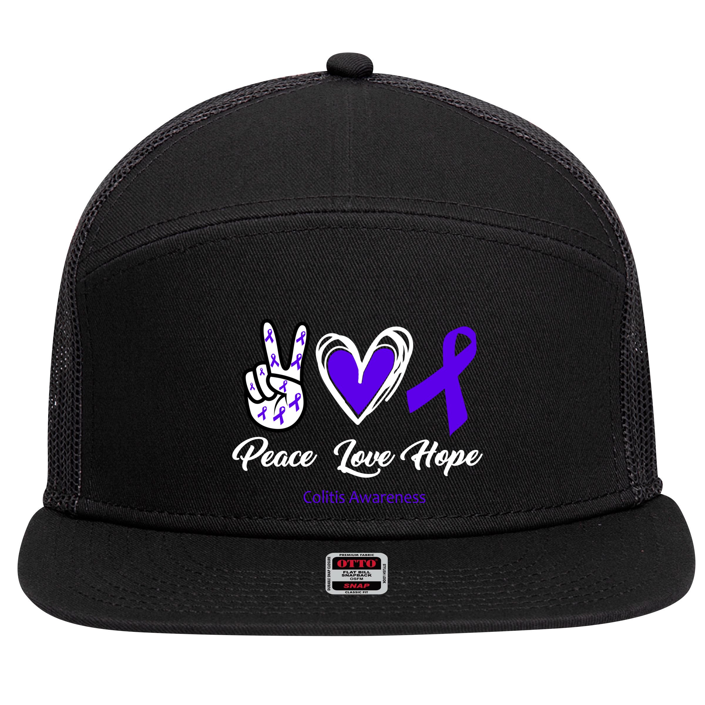 Peace Love Hope Colitis Awareness 7 Panel Mesh Trucker Snapback Hat