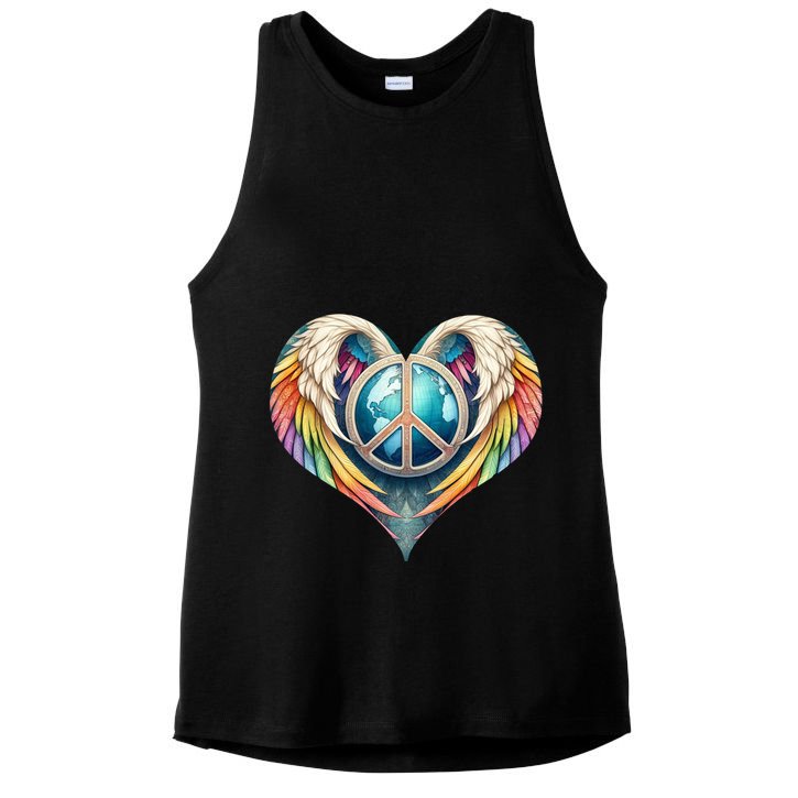 Peace Love Heart Angel And Earth In Rainbow Colors Gift Ladies PosiCharge Tri-Blend Wicking Tank