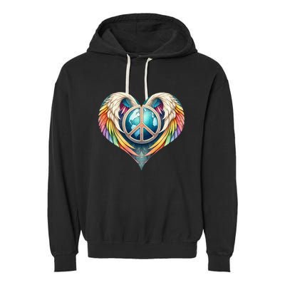 Peace Love Heart Angel And Earth In Rainbow Colors Gift Garment-Dyed Fleece Hoodie
