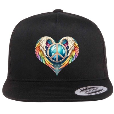 Peace Love Heart Angel And Earth In Rainbow Colors Gift Flatbill Hat