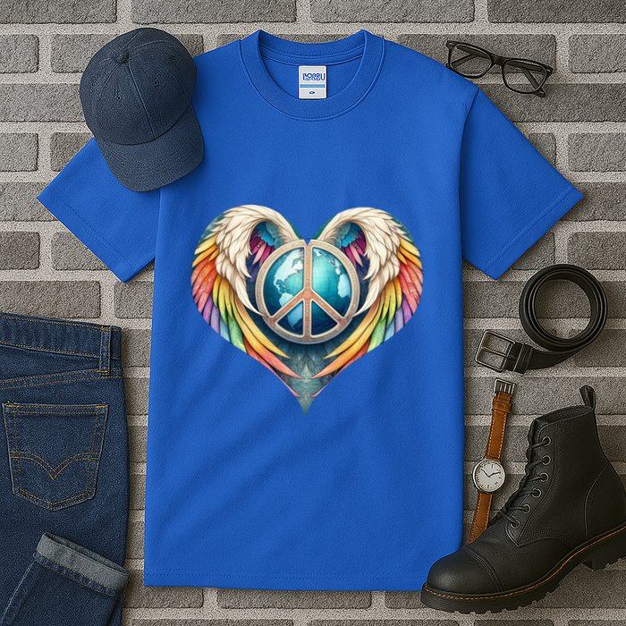 Peace Love Heart Angel And Earth In Rainbow Colors Gift Tall T-Shirt