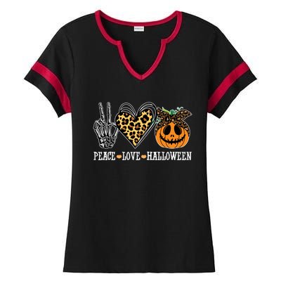 Peace Love Halloween Festive Leopard Ladies Halftime Notch Neck Tee