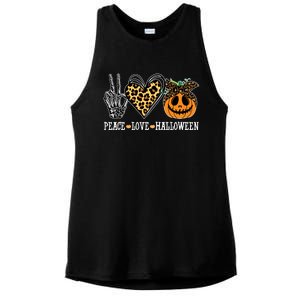 Peace Love Halloween Festive Leopard Ladies PosiCharge Tri-Blend Wicking Tank