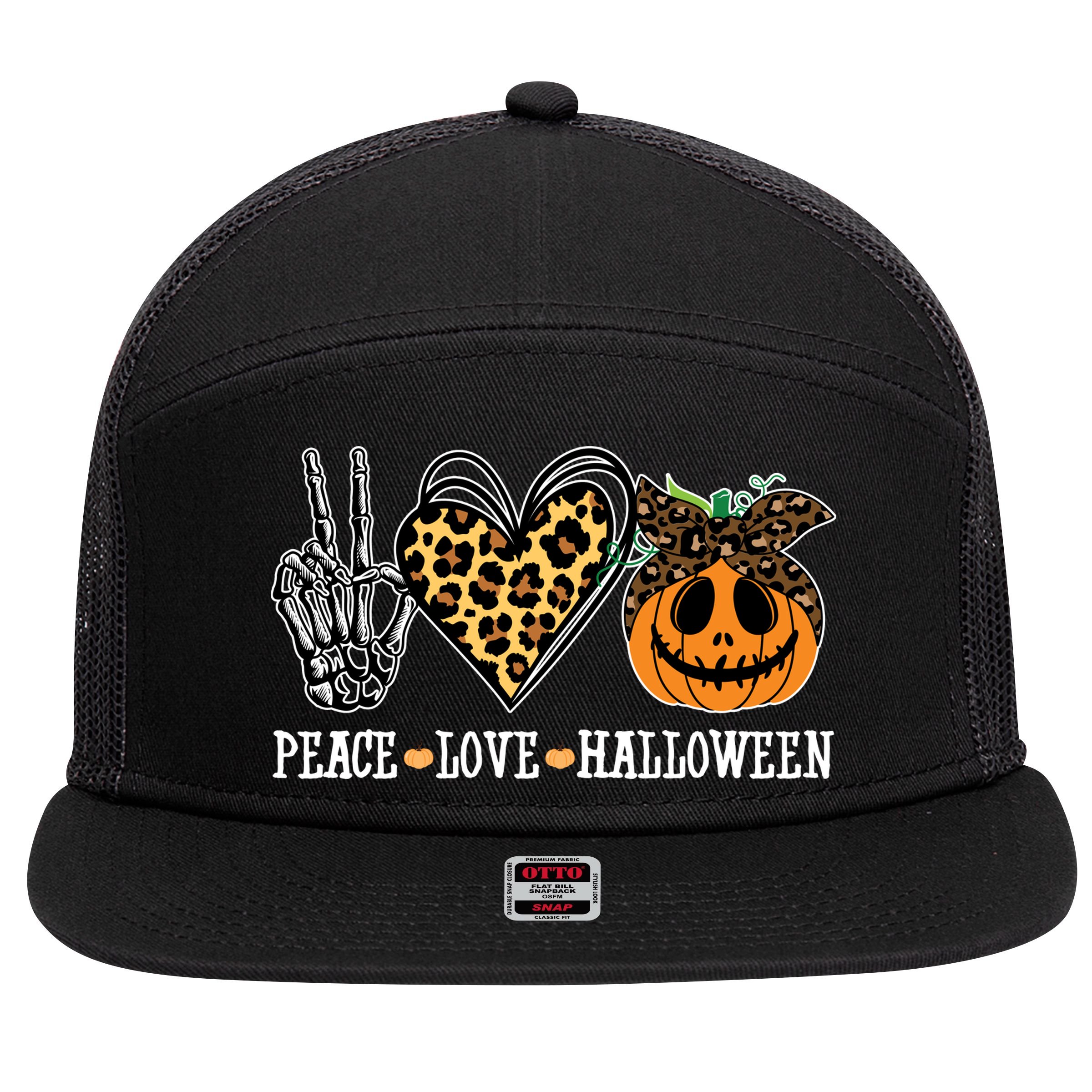 Peace Love Halloween Festive Leopard 7 Panel Mesh Trucker Snapback Hat