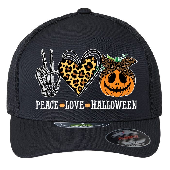 Peace Love Halloween Festive Leopard Flexfit Unipanel Trucker Cap