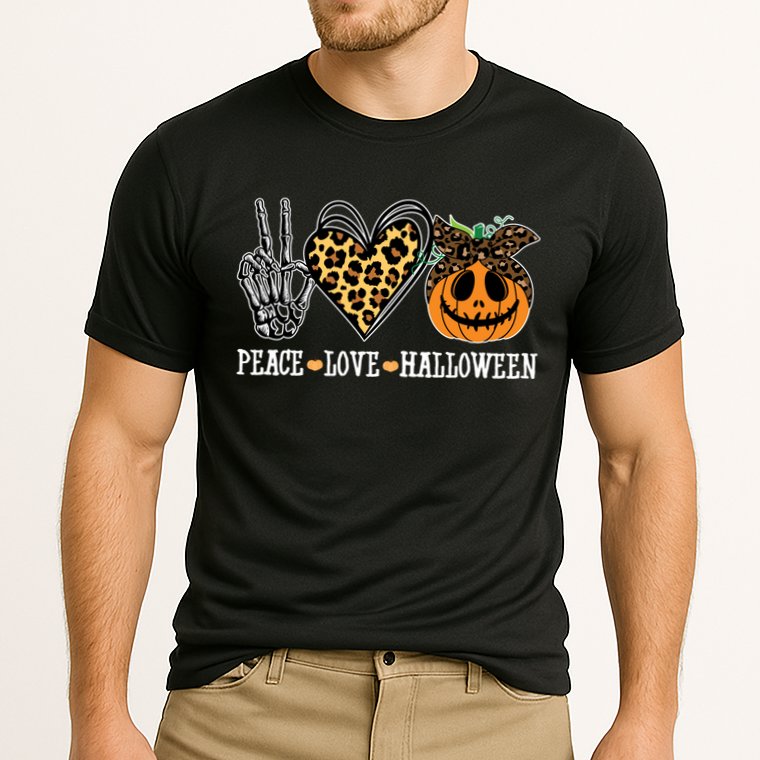 Peace Love Halloween Festive Leopard Cooling Performance Crew T-Shirt