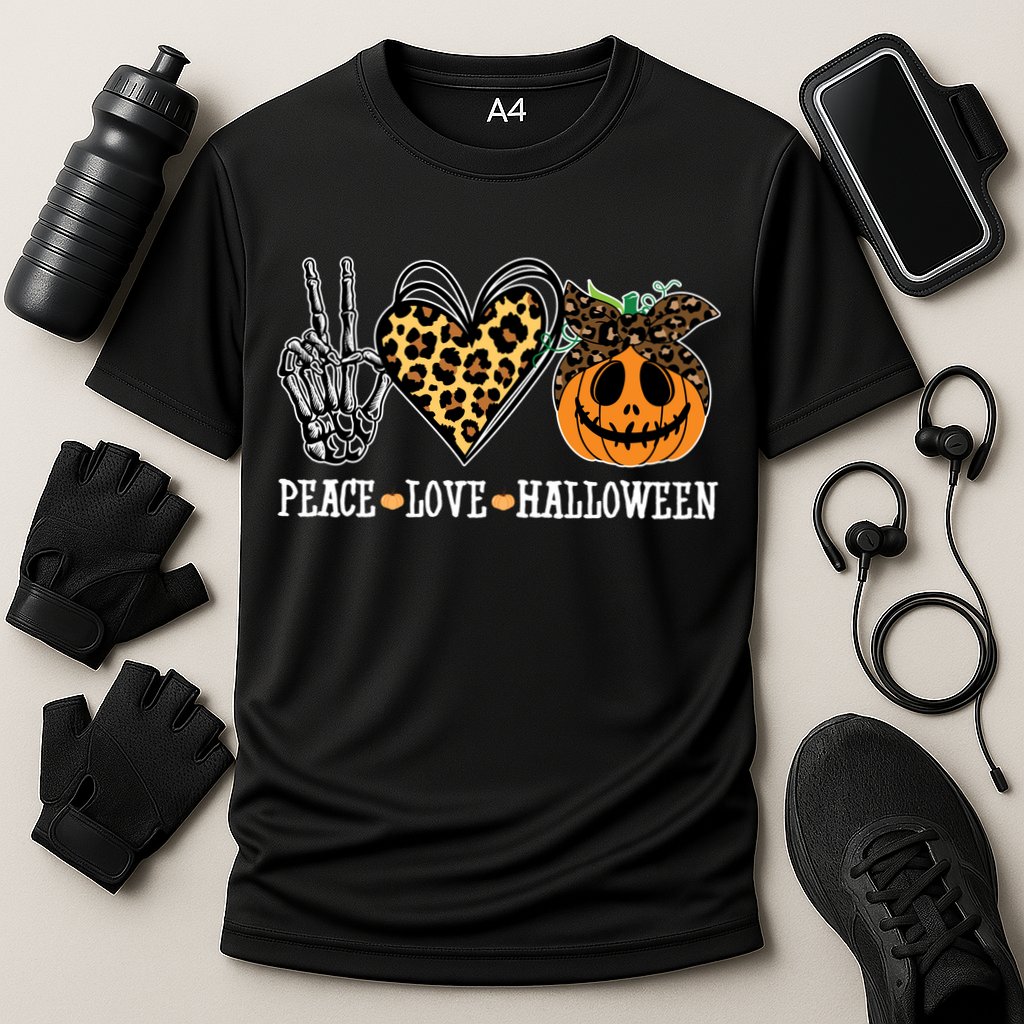 Peace Love Halloween Festive Leopard Cooling Performance Crew T-Shirt