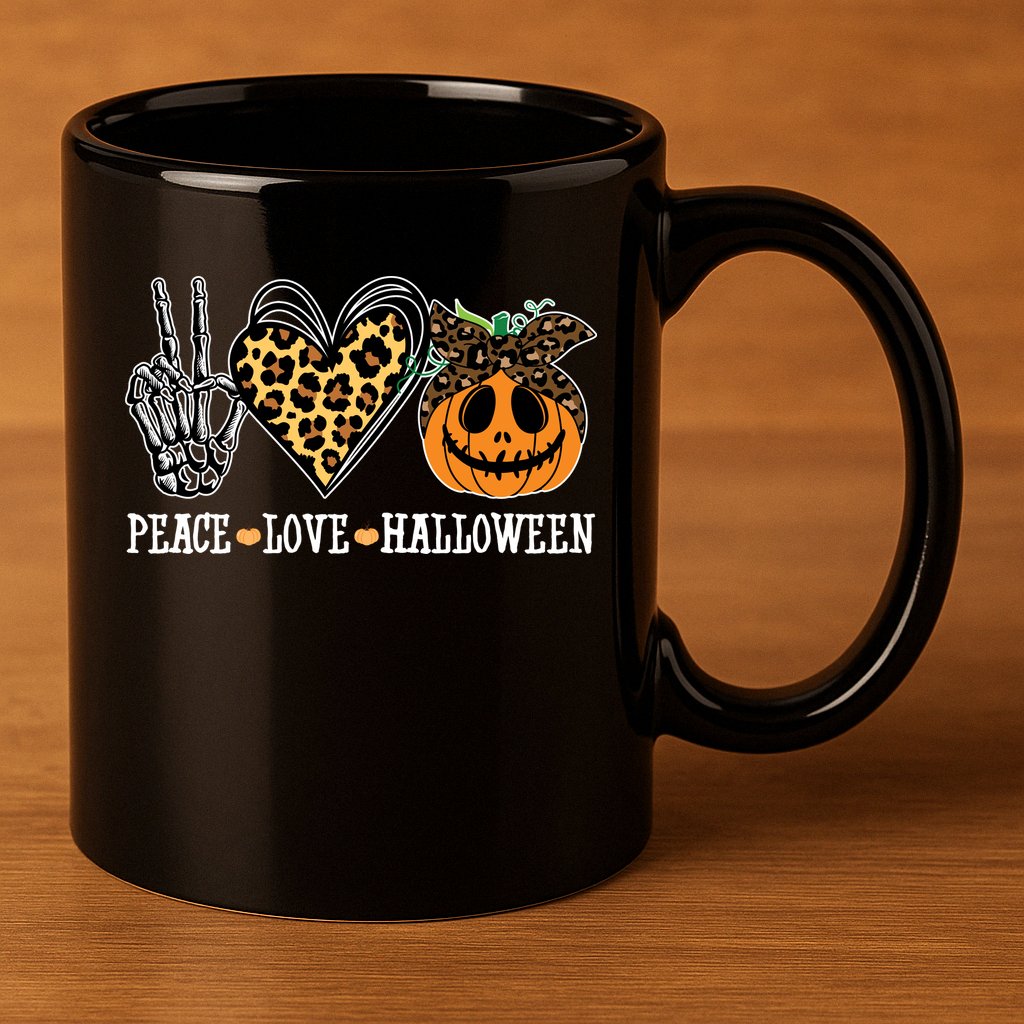 Peace Love Halloween Festive Leopard 11oz C Handle Ceramic Mug