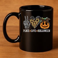 Peace Love Halloween Festive Leopard 11oz C Handle Ceramic Mug