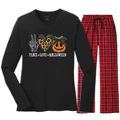 Peace Love Halloween Festive Leopard Women's Long Sleeve Flannel Pajama Set 