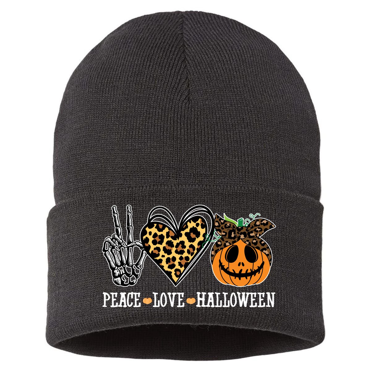 Peace Love Halloween Festive Leopard Sustainable Knit Beanie