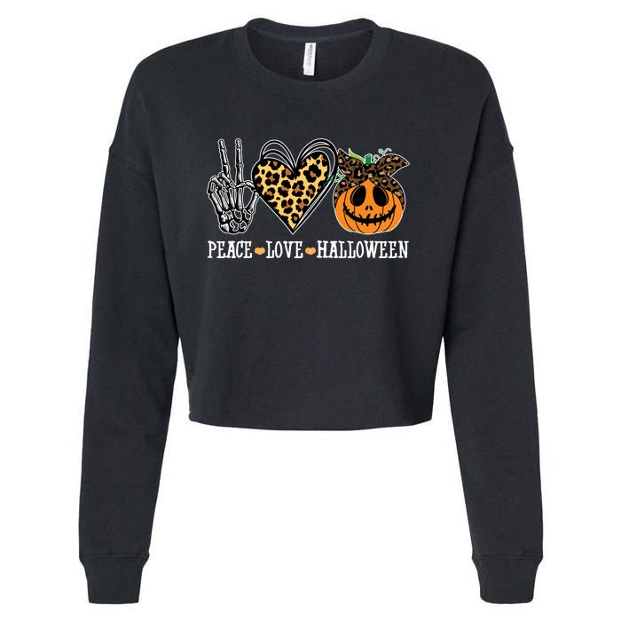 Peace Love Halloween Festive Leopard Cropped Pullover Crew