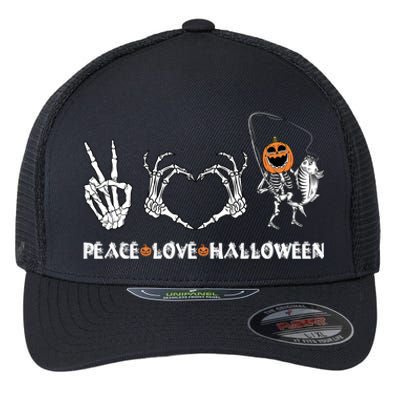 Peace Love Halloween Funny Happy Pumpkin Skeleton Fishing Gift Flexfit Unipanel Trucker Cap