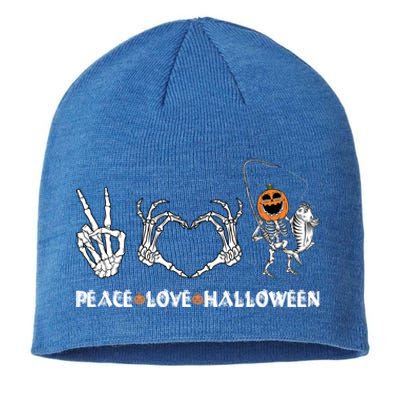 Peace Love Halloween Funny Happy Pumpkin Skeleton Fishing Gift Sustainable Beanie