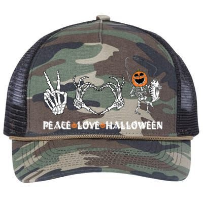 Peace Love Halloween Funny Happy Pumpkin Skeleton Fishing Gift Retro Rope Trucker Hat Cap