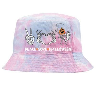 Peace Love Halloween Funny Happy Pumpkin Skeleton Fishing Gift Tie-Dyed Bucket Hat