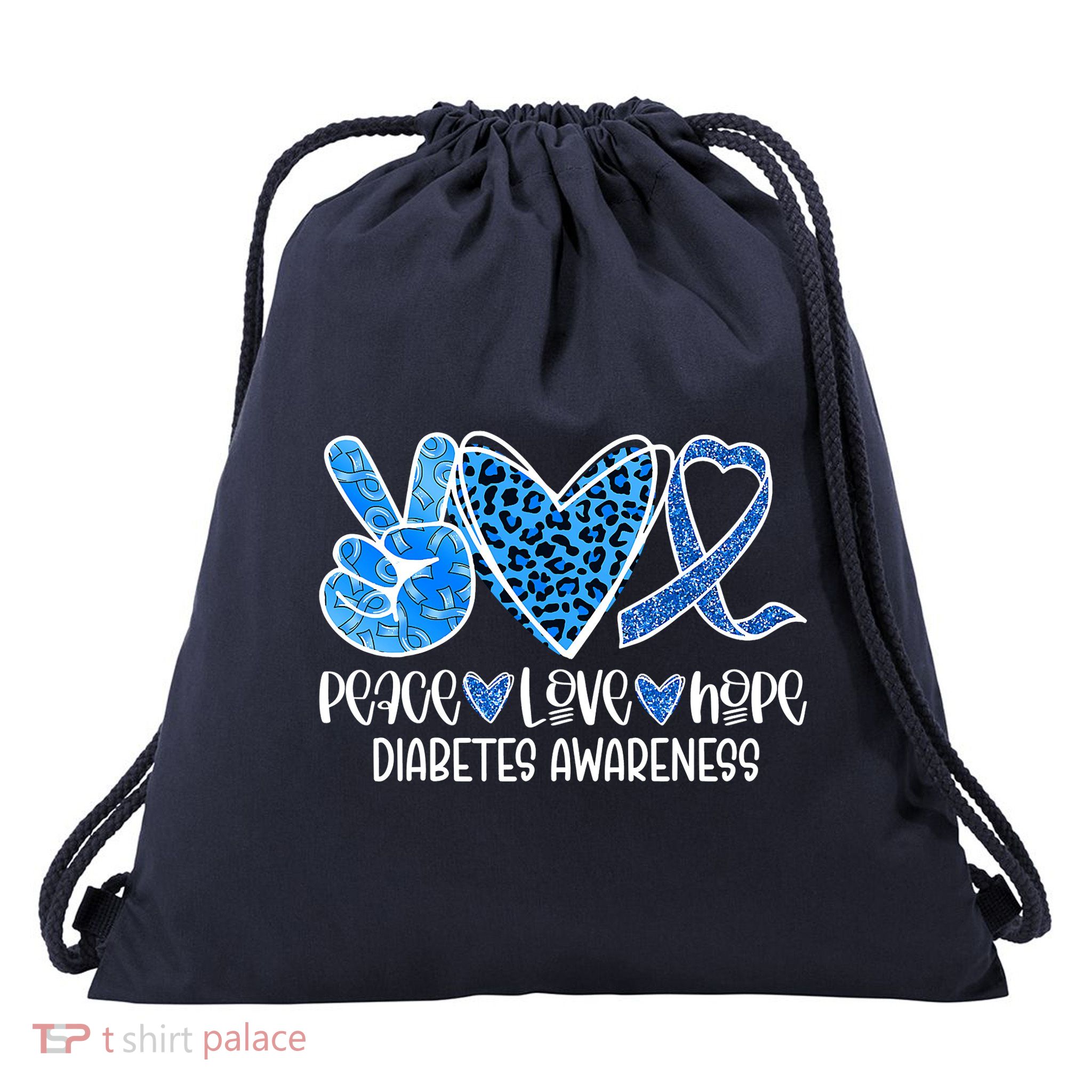 Peace Love Hope Leopard Blue Type 1 Diabetes Awareness Drawstring Bag