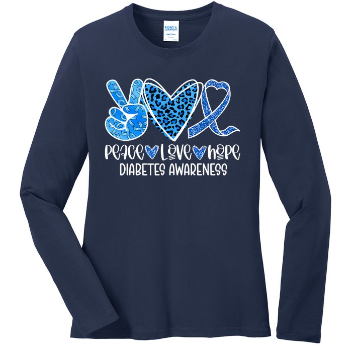 Peace Love Hope Leopard Blue Type 1 Diabetes Awareness Ladies Long Sleeve Shirt