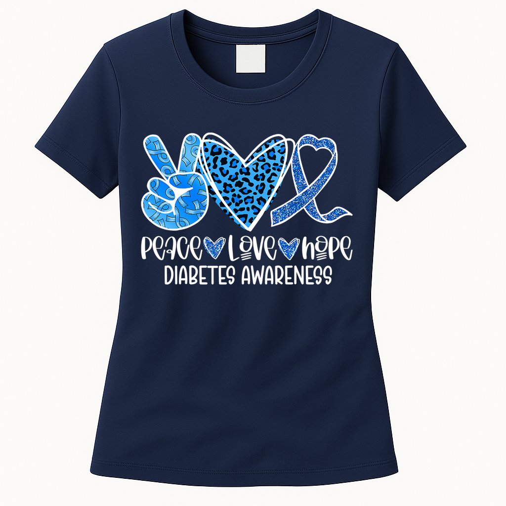 Peace Love Hope Leopard Blue Type 1 Diabetes Awareness Womens T-Shirt