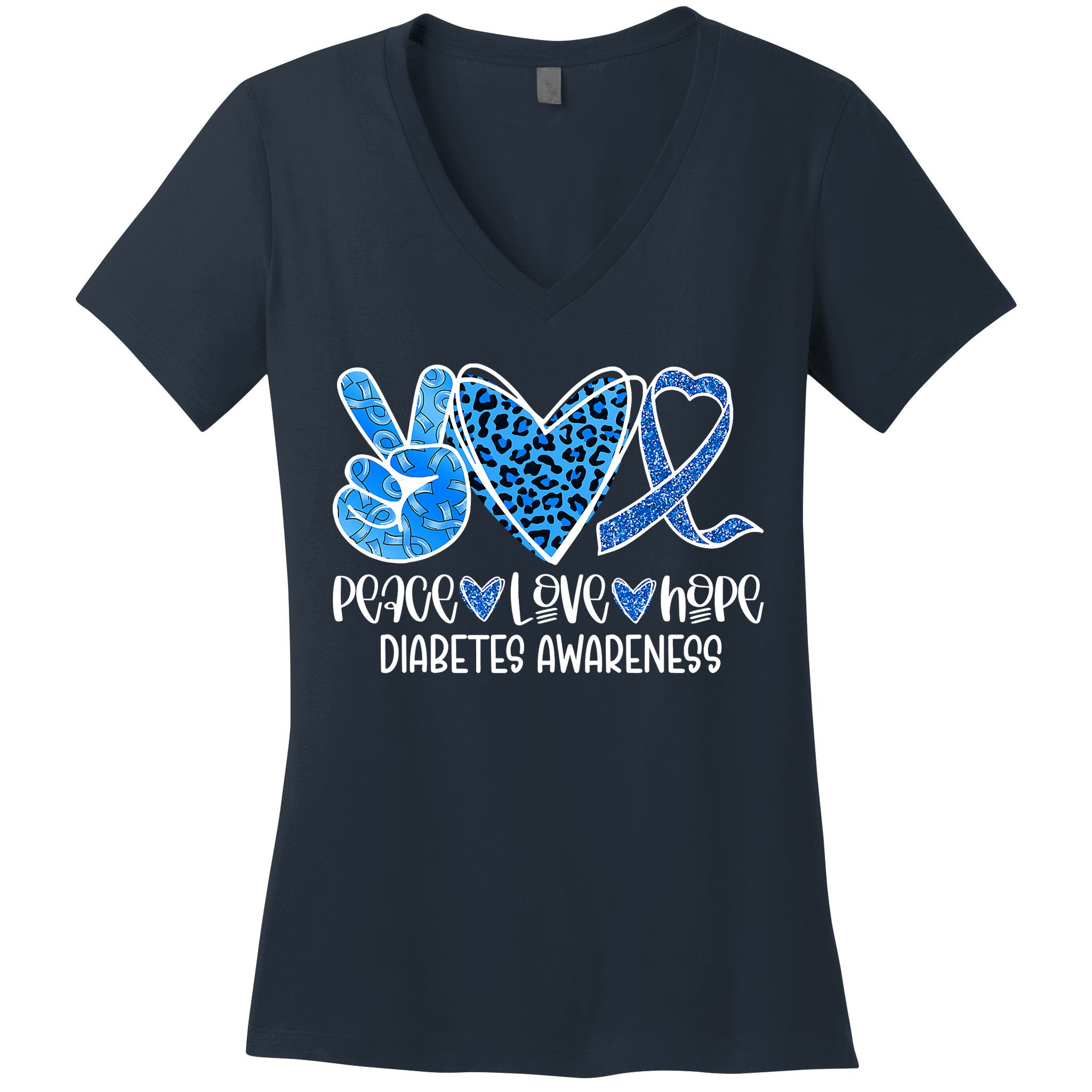 Peace Love Hope Leopard Blue Type 1 Diabetes Awareness Women's V-Neck T-Shirt