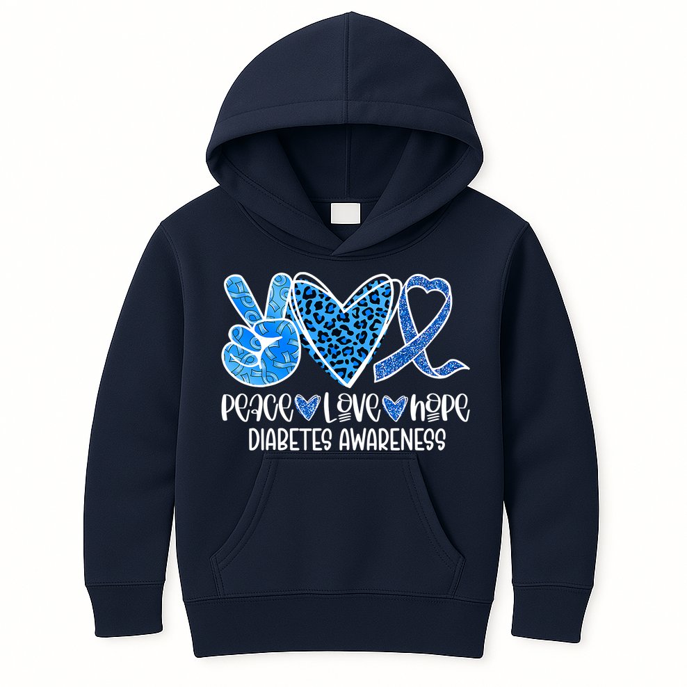 Peace Love Hope Leopard Blue Type 1 Diabetes Awareness Kids Hoodie
