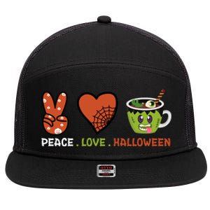 Peace Love Halloween Spirit Spooky Zombie Coffee Great Gift 7 Panel Mesh Trucker Snapback Hat