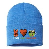 Peace Love Halloween Spirit Spooky Zombie Coffee Great Gift Sustainable Knit Beanie