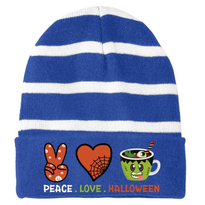 Peace Love Halloween Spirit Spooky Zombie Coffee Great Gift Striped Beanie with Solid Band