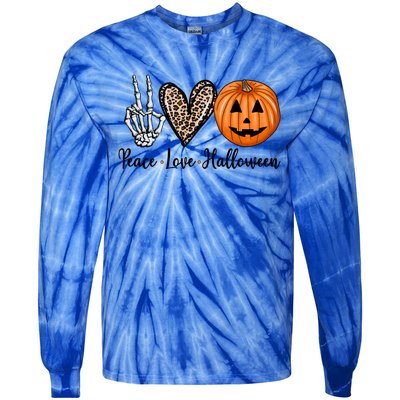 Peace Love Halloween Leopard Heart Skeleton Hand Pumpkin Cool Gift Tie-Dye Long Sleeve Shirt