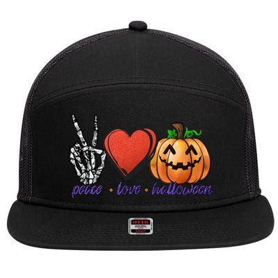 Peace Love Halloween Happy Halloween Pumpkin Skeleton Heart Gift 7 Panel Mesh Trucker Snapback Hat