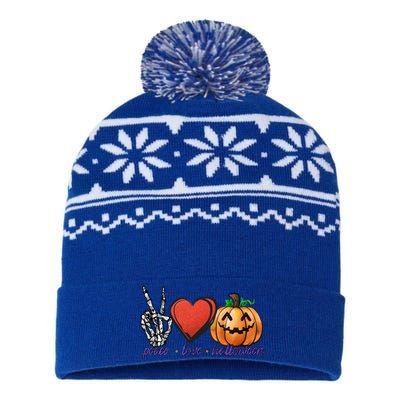 Peace Love Halloween Happy Halloween Pumpkin Skeleton Heart Gift USA-Made Snowflake Beanie