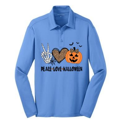 Peace Love Halloween Scary Pumpkin Leopard Skeleton Cool Gift Silk Touch Performance Long Sleeve Polo